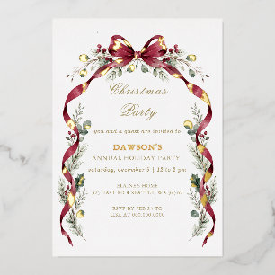 Invitación Con Relieve Metalizado Fiesta de Navidad con guirnalda de lazo de Borgoña