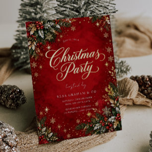 Invitación Con Relieve Metalizado Fiesta de Navidad con Hoja de Oro Rojo Festivo