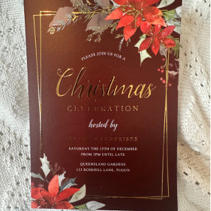 Invitación Con Relieve Metalizado Fiesta de Navidad con Marco Dorado Rojo Borgoña