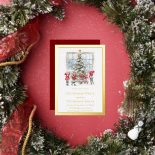 Invitación Con Relieve Metalizado Fiesta de Navidad con niños y árbol con lámina de 