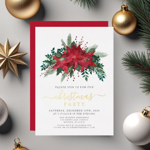 Invitación Con Relieve Metalizado Fiesta de Navidad con Poinsettia Roja Festiva