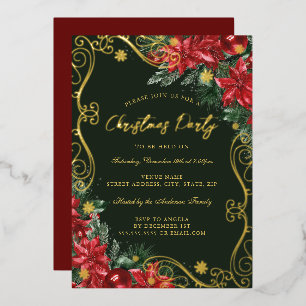 Invitación Con Relieve Metalizado Fiesta de Navidad con remolino de flores festivas