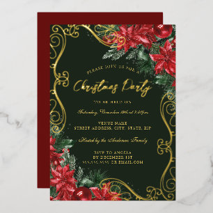 Invitación Con Relieve Metalizado Fiesta de Navidad con remolino floral festivo verd