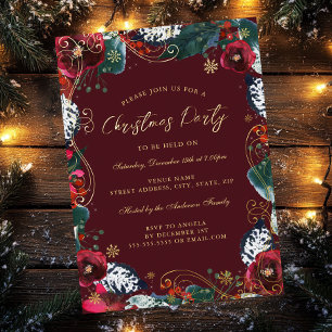 Invitación Con Relieve Metalizado Fiesta de Navidad con Remolino Floral Rojo Dorado