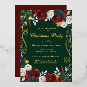 Invitación Con Relieve Metalizado Fiesta de Navidad con remolino floral rojo verde d