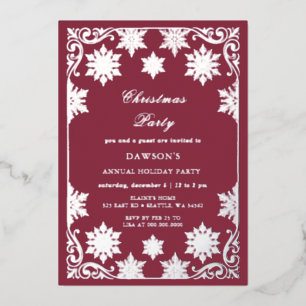 Invitación Con Relieve Metalizado Fiesta de Navidad Copos de Nieve Plateados Borgoña