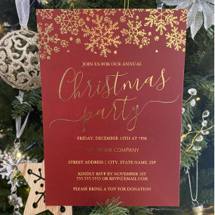 Invitación Con Relieve Metalizado Fiesta de Navidad Corporativa Copo de Nieve Rojo