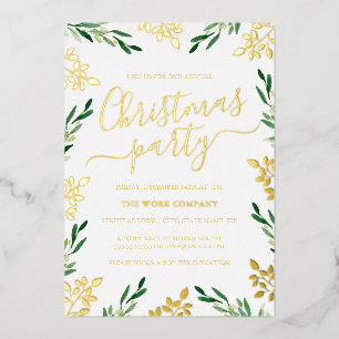 Invitación Con Relieve Metalizado Fiesta de Navidad Corporativa Hoja Verde Dorada