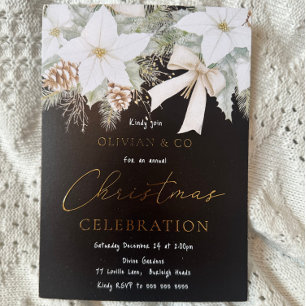 Invitación Con Relieve Metalizado Fiesta de Navidad Corporativa Negra Floral Blanca 