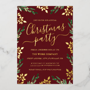 Invitación Con Relieve Metalizado Fiesta de Navidad Corporativa Red Gold Green Leaf