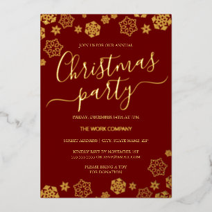 Invitación Con Relieve Metalizado Fiesta de Navidad corporativa Red Gold Snowflake