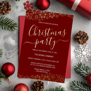 Invitación Con Relieve Metalizado Fiesta de Navidad corporativa Red Gold Snowflake