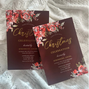 Invitación Con Relieve Metalizado Fiesta de Navidad Corporativa Rojo Borgoña Gala Or