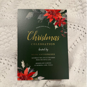 Invitación Con Relieve Metalizado Fiesta de Navidad Corporativa Verde Festiva Dorada