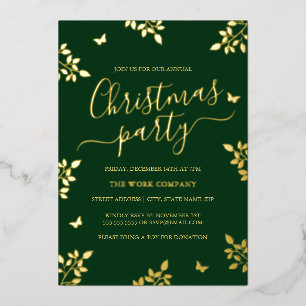 Invitación Con Relieve Metalizado Fiesta de Navidad Corporativa Verde Hoja de Oro