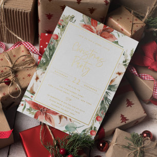 Invitación Con Relieve Metalizado Fiesta de Navidad Cuadro Botánico de Vacaciones Rú