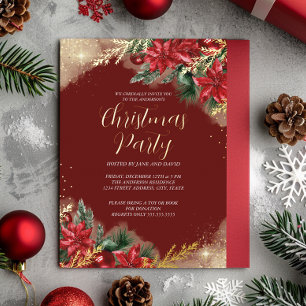 Invitación Con Relieve Metalizado Fiesta de Navidad de follaje verde oro rojo