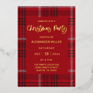 Invitación Con Relieve Metalizado Fiesta de Navidad de franela a cuadros rojos