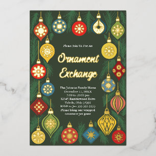 Invitación Con Relieve Metalizado Fiesta de Navidad de Intercambio de Adornos Navide