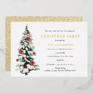Invitación Con Relieve Metalizado Fiesta de Navidad del árbol de acuarela tradiciona