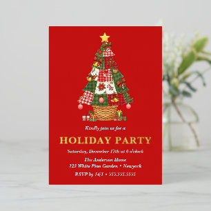 Invitación Con Relieve Metalizado Fiesta de Navidad del árbol de Navidad de patchwor