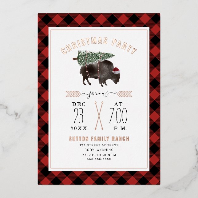 Invitación Con Relieve Metalizado Fiesta de Navidad del árbol de Navidad de Plaid Bi (Anverso)