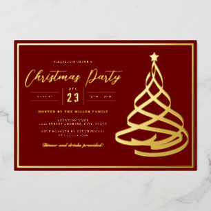Invitación Con Relieve Metalizado Fiesta de Navidad del Árbol de Oro Elegante Rojo