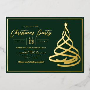 Invitación Con Relieve Metalizado Fiesta de Navidad del Árbol de Oro Elegante Verde