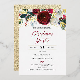 Invitación Con Relieve Metalizado Fiesta de Navidad Dorado Rojo Follaje Festivo