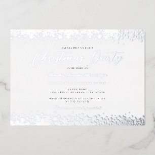 Invitación Con Relieve Metalizado Fiesta de Navidad Elegante Blanco Plata Copo de Ni
