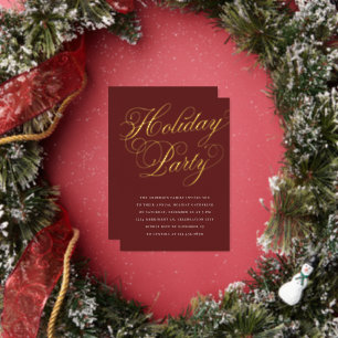Invitación Con Relieve Metalizado Fiesta de Navidad Elegante Caligrafía Rojo