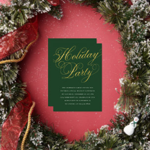 Invitación Con Relieve Metalizado Fiesta de Navidad Elegante Caligrafía Verde