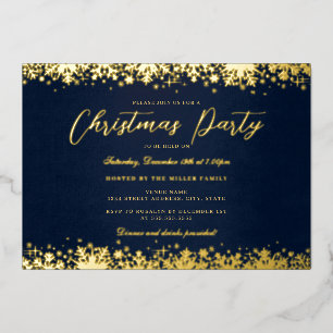 Invitación Con Relieve Metalizado Fiesta de Navidad Elegante Copo de Nieve Navy Dora