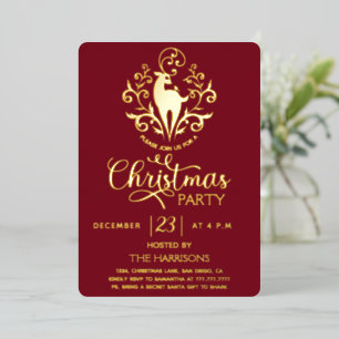 Invitación Con Relieve Metalizado Fiesta de Navidad Elegante Reno Ciervo Burgundy Do