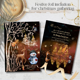 Invitación Con Relieve Metalizado Fiesta de Navidad en el Bosque Encantado