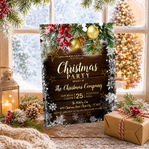 Invitación Con Relieve Metalizado Fiesta de Navidad Estrellas Borlas Doradas Bayas R