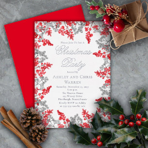 Invitación Con Relieve Metalizado Fiesta de Navidad floral con bayas de acebo rojas