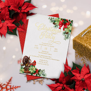 Invitación Con Relieve Metalizado Fiesta de Navidad floral elegante de Holiday Holly