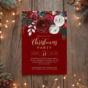 Invitación Con Relieve Metalizado Fiesta de Navidad Foliaje Brillante Oro Rojo 