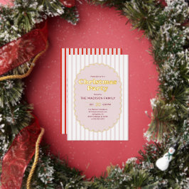Invitación Con Relieve Metalizado Fiesta de Navidad Foto a Rayas Rojas Retro