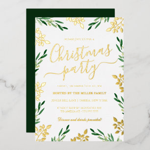 Invitación Con Relieve Metalizado Fiesta de Navidad Hoja de Oro Verde
