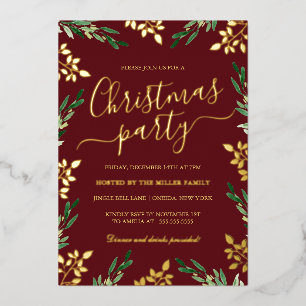 Invitación Con Relieve Metalizado Fiesta de Navidad Hoja Verde Oro Rojo