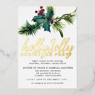 Invitación Con Relieve Metalizado Fiesta de Navidad Holly y Red Berry Gold