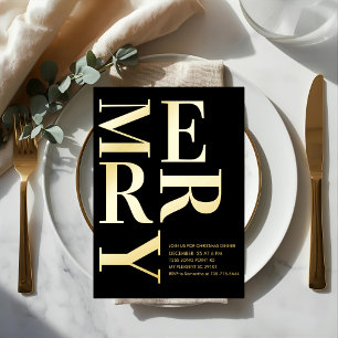 Invitación Con Relieve Metalizado Fiesta de Navidad “MERRY” con Hoja de Oro Moderna