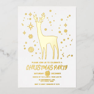 Invitación Con Relieve Metalizado Fiesta de Navidad Minimalista Ciervo Elegante Blan