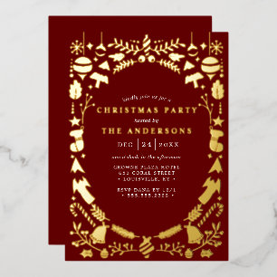 Invitación Con Relieve Metalizado Fiesta de Navidad Moderna Dorada Rojo Oscuro