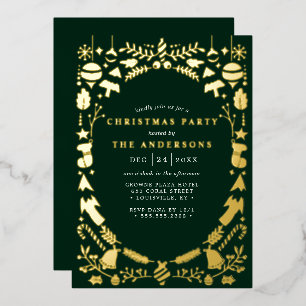 Invitación Con Relieve Metalizado Fiesta de Navidad Moderna Festiva Dorada Verde Osc