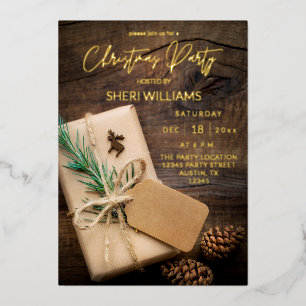 Invitación Con Relieve Metalizado Fiesta de Navidad Reno y Regalos 2