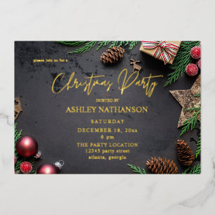 Invitación Con Relieve Metalizado Fiesta de Navidad Rústica Reno y Pino