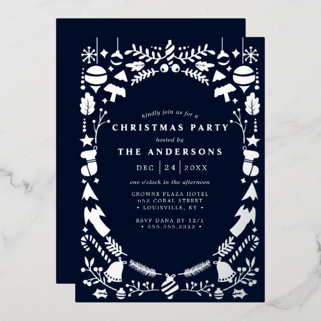 Invitación Con Relieve Metalizado Fiesta de Navidades azules de la Marina de Plata M (Anverso/Reverso)